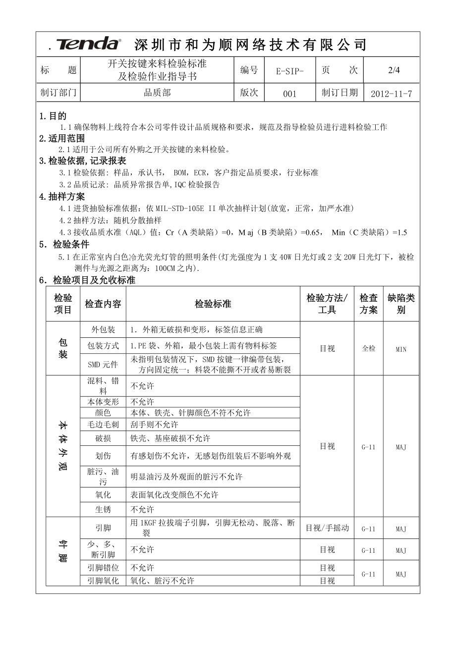 按键来料检验标准及检验作业指导书.docx_第2页