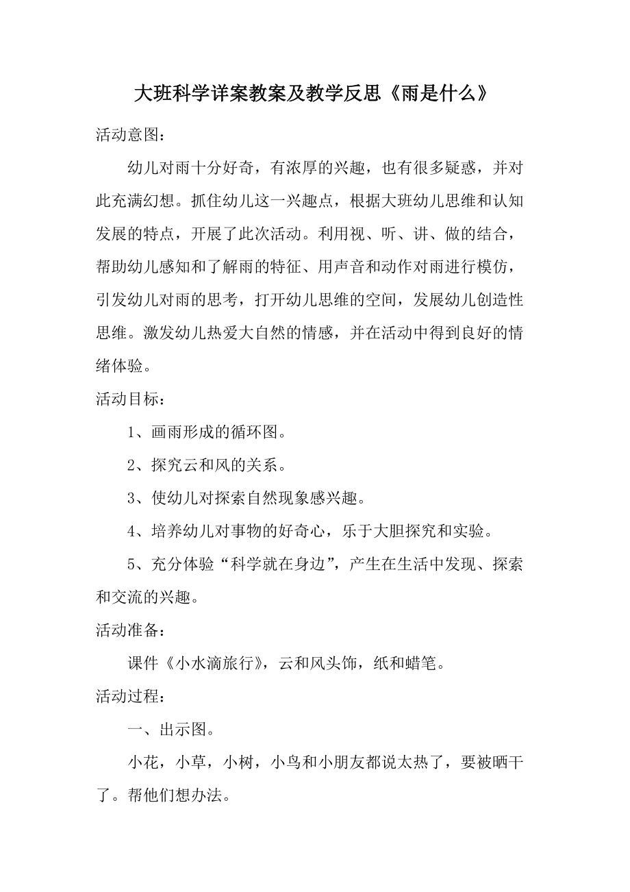 大班科学详案教案及教学反思《雨是什么》.docx_第1页