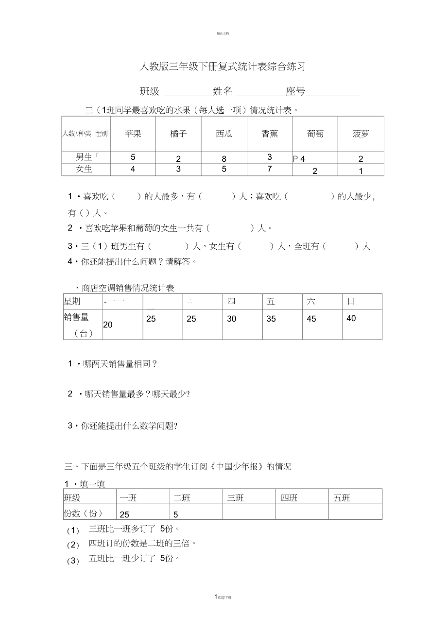 人教版三年级下册复式统计表综合练习.docx_第1页