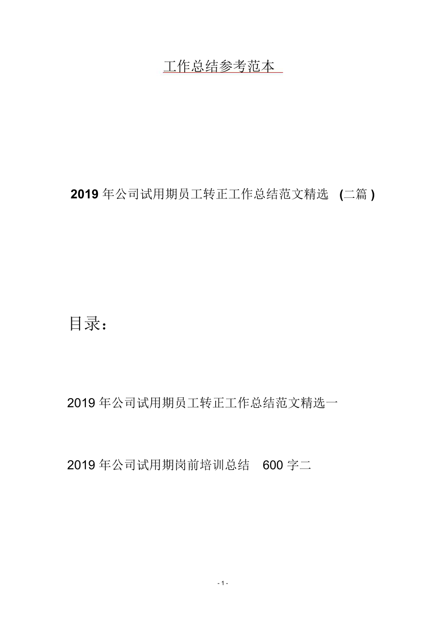 2019年公司试用期员工转正工作总结范文精选(二篇).doc_第1页