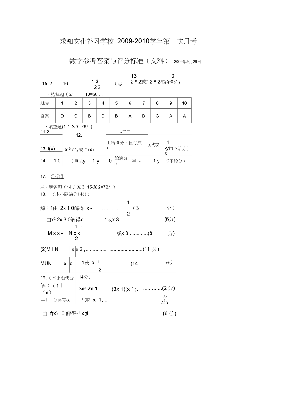 求知文化补习学校数学文参考答案与评分标准.docx_第1页