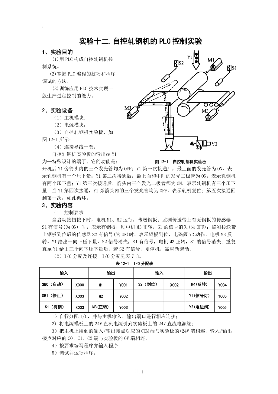 实验十二自控轧钢机的PLC控制实验.docx_第1页