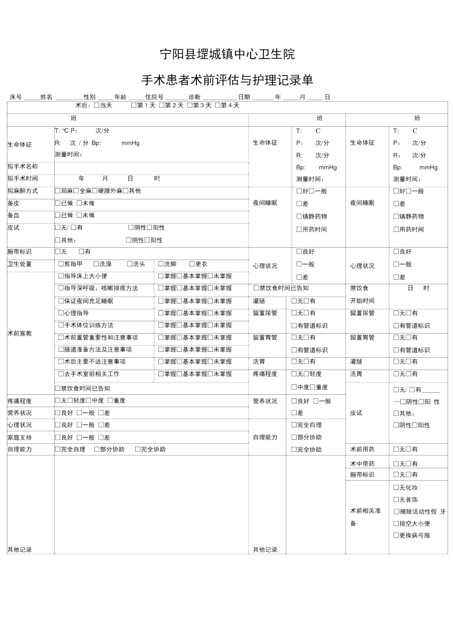 外科病房手术患者术前评估与护理记录单.docx_第1页