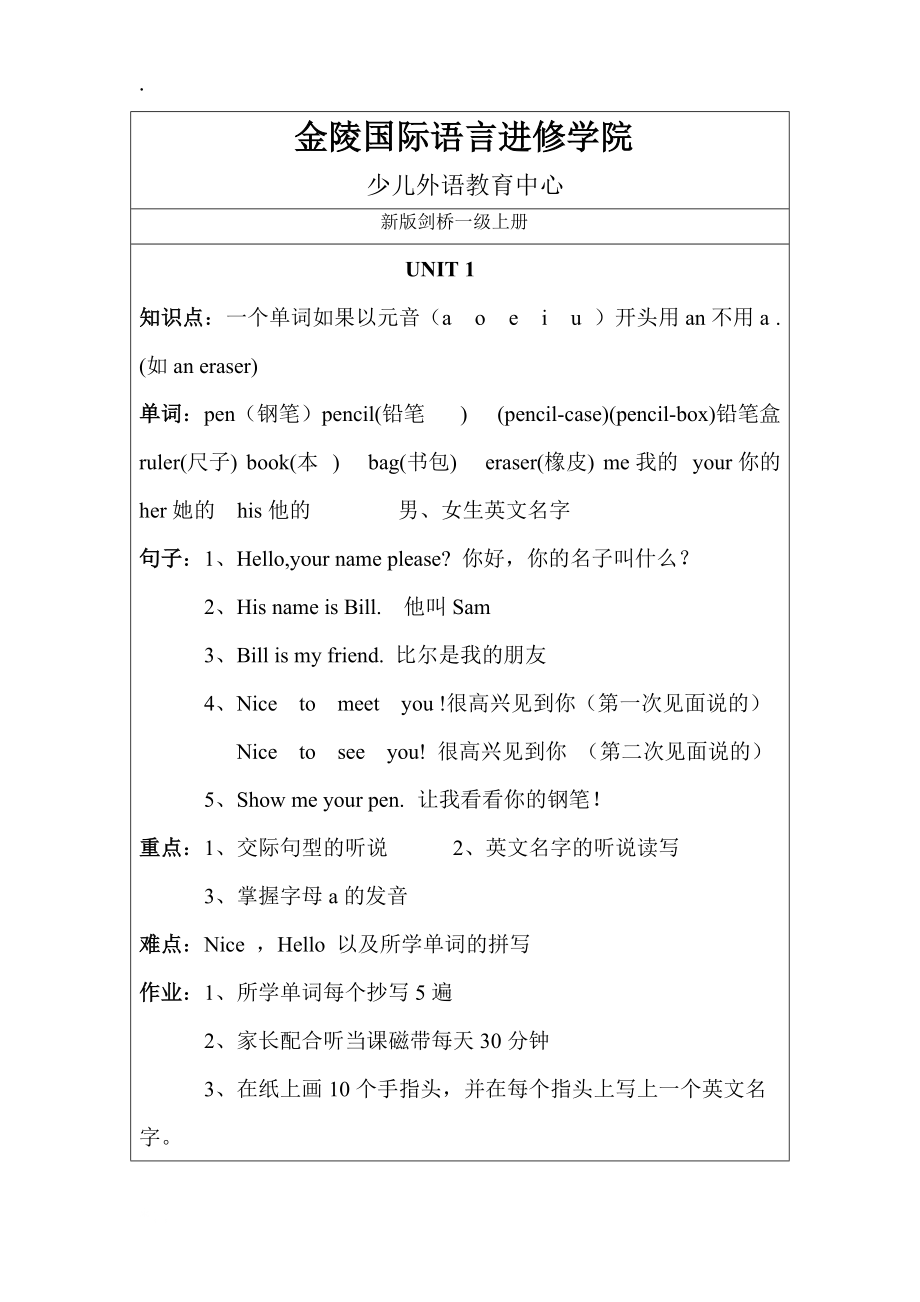 新版剑桥少儿英语一级上册知识点.docx_第1页