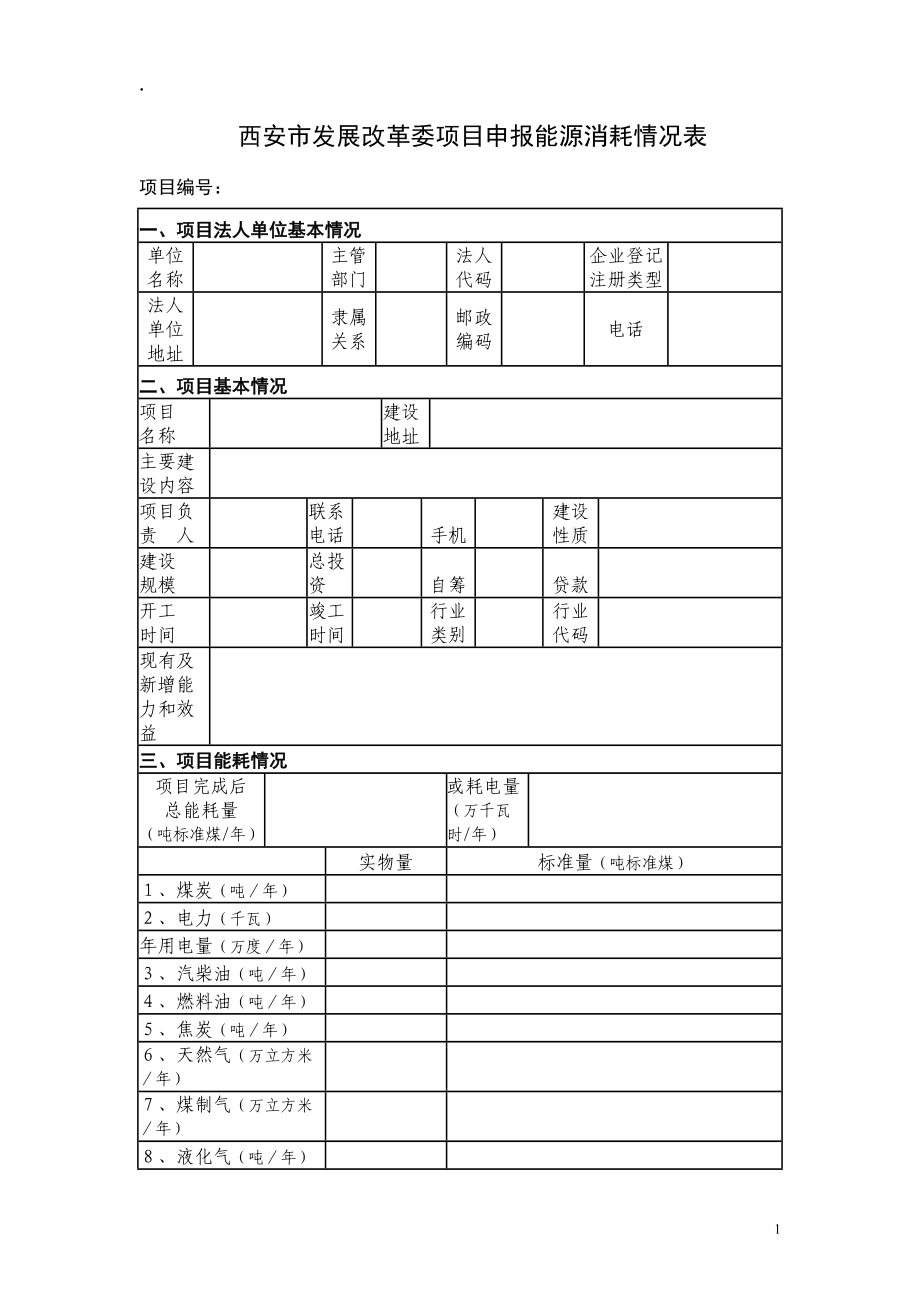 西安市发展改革委项目申报能源消耗情况表.docx_第1页