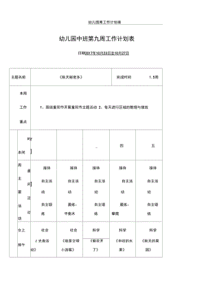 中班幼儿园第九周工作计划表.doc