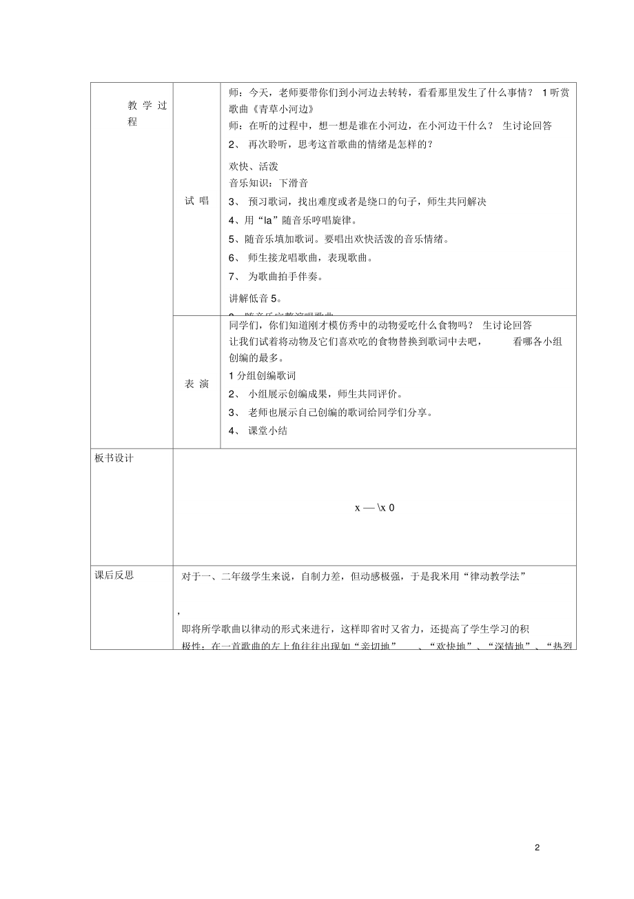 2016春一年级音乐下册第6课《青草小河边》教案2湘艺版.doc_第2页