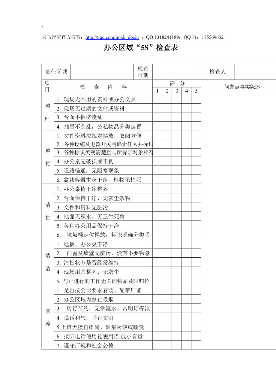 某公司办公区域5s检查表.docx_第1页