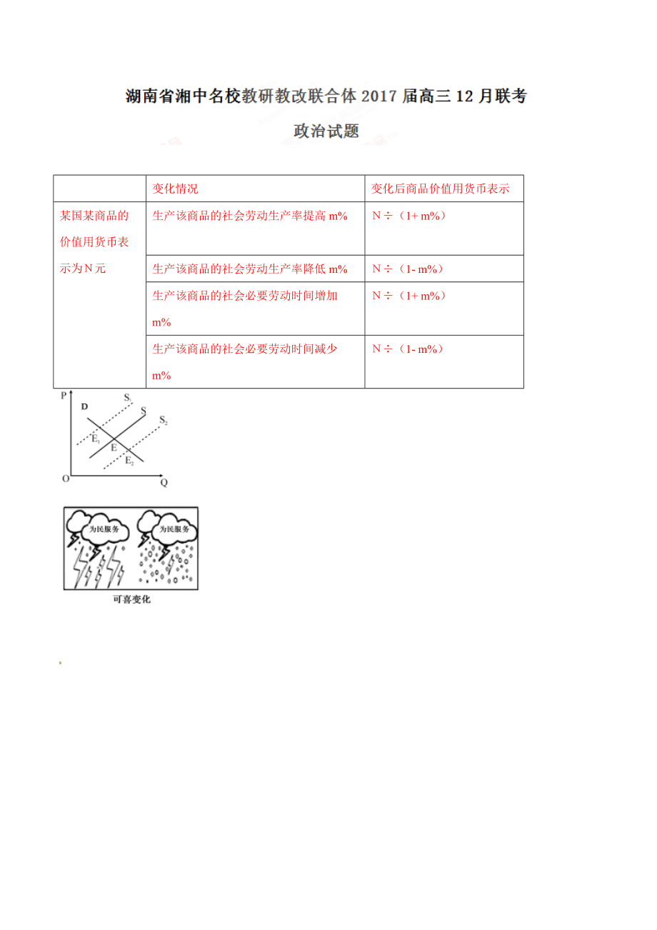 【全国省级联考】湖南省湘中名校教研教改联合体2017届高三12月联考政治试题解析（解析版）.doc_第1页