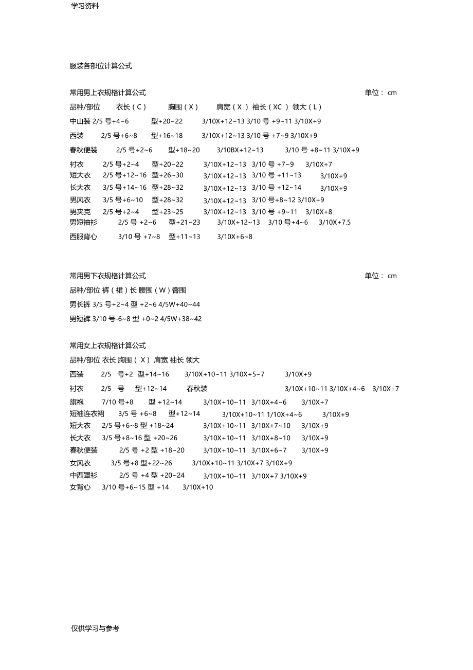 服装各部位计算公式资料.docx_第1页