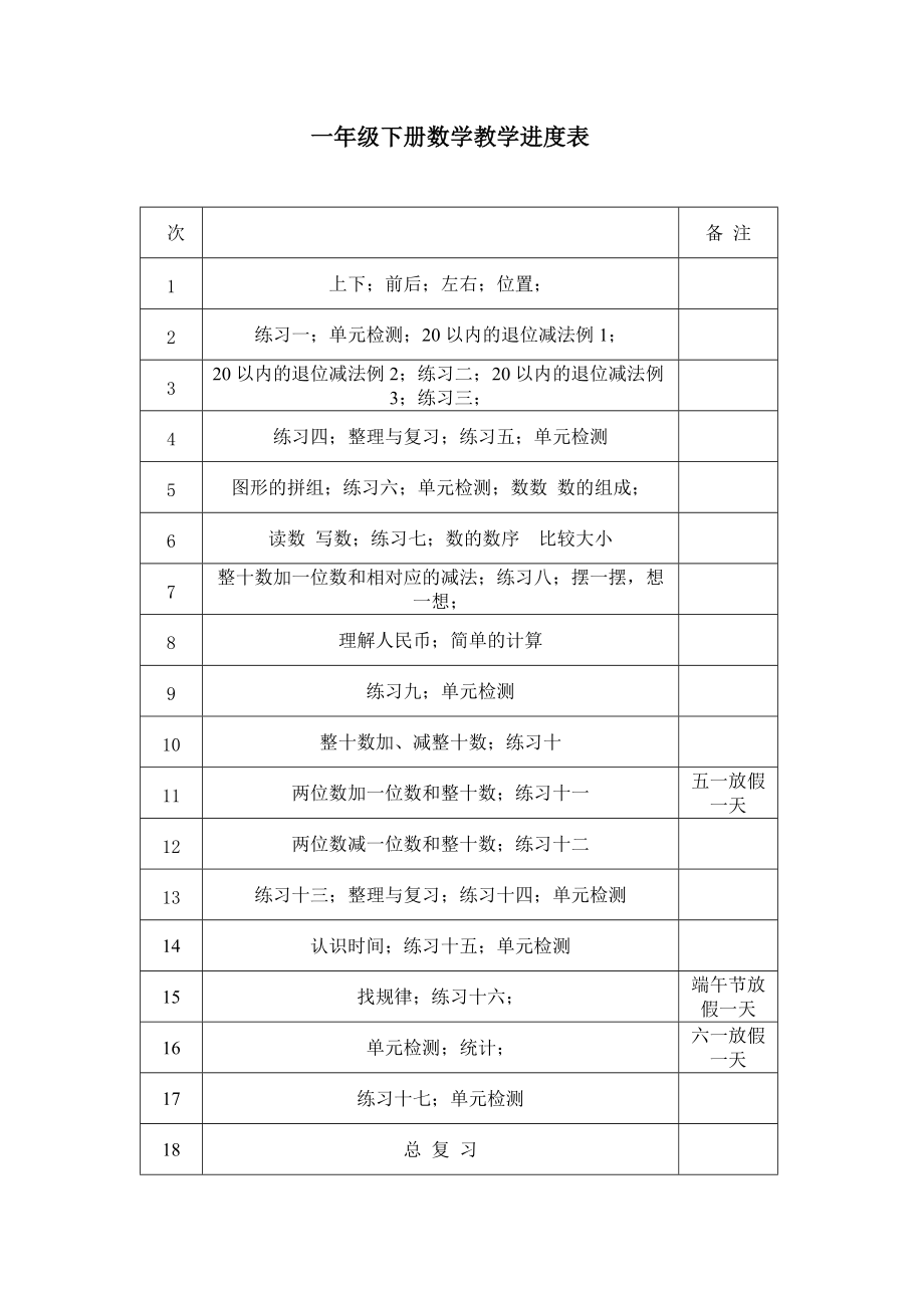 一年级下册数学教学进度表.doc_第1页