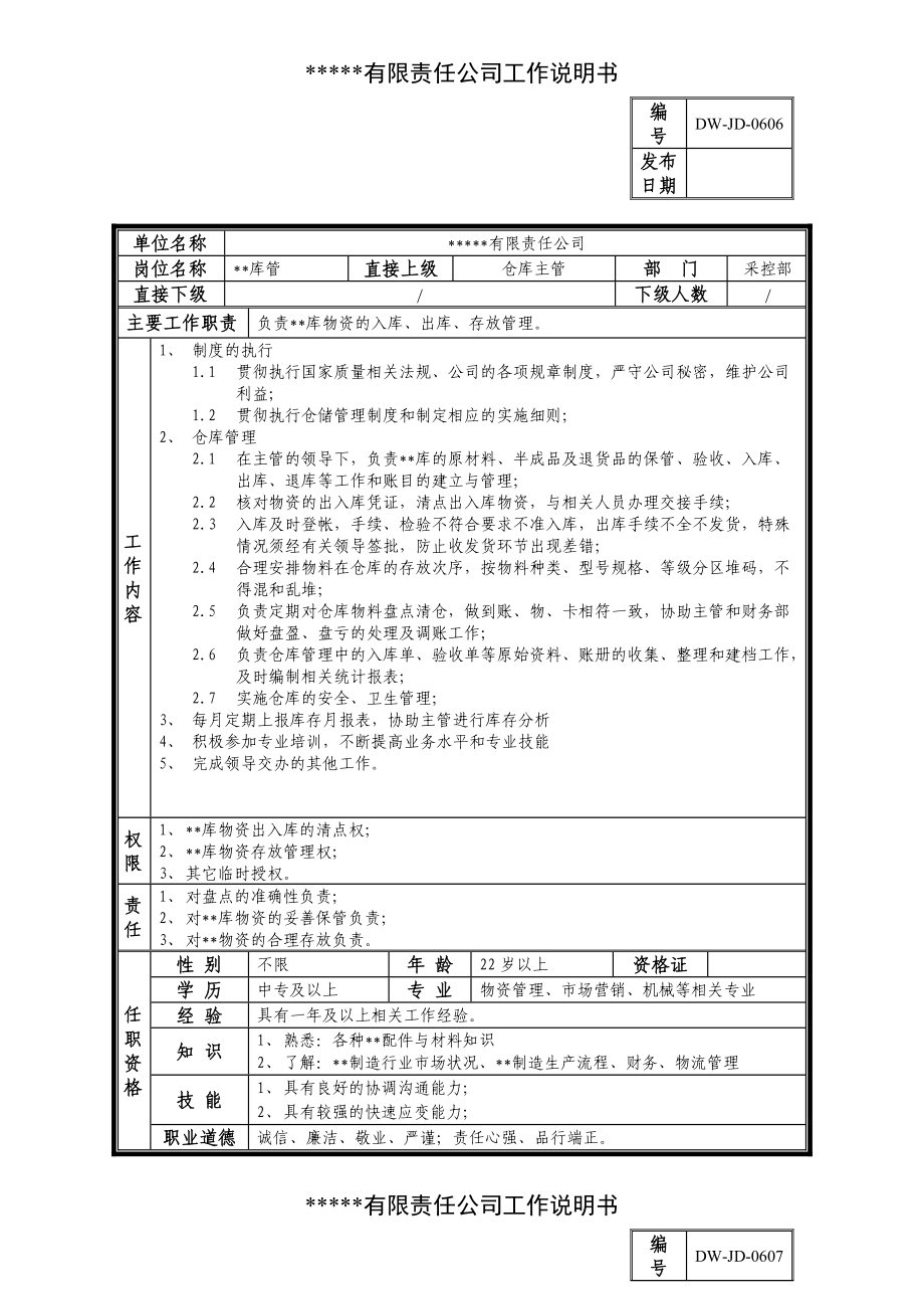 某中型制造业库管岗位说明书及KPI指标.docx_第1页