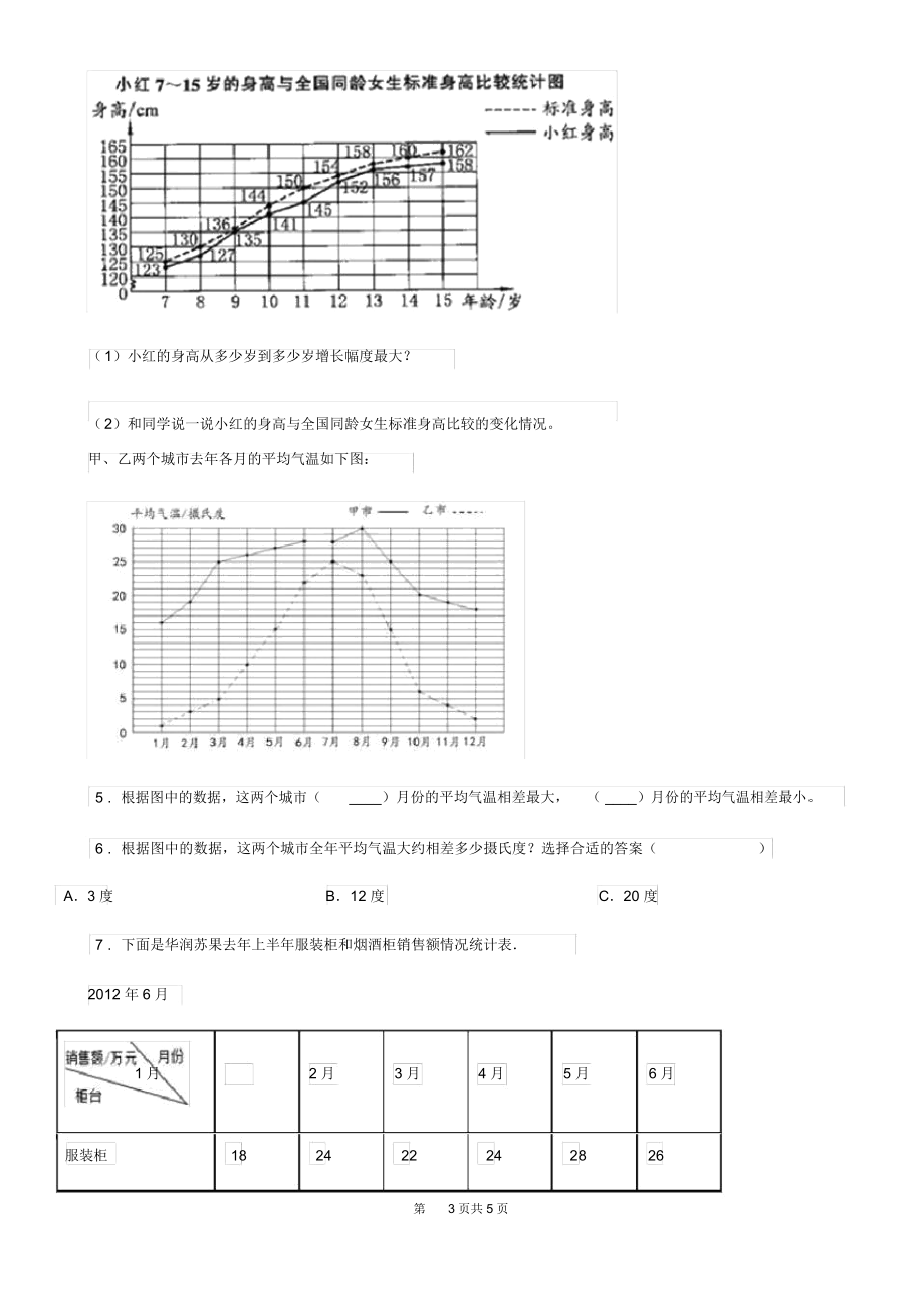 河南省2020年(春秋版)数学五年级下册第二单元《折线统计图》单元测试卷(一)D卷.docx_第3页