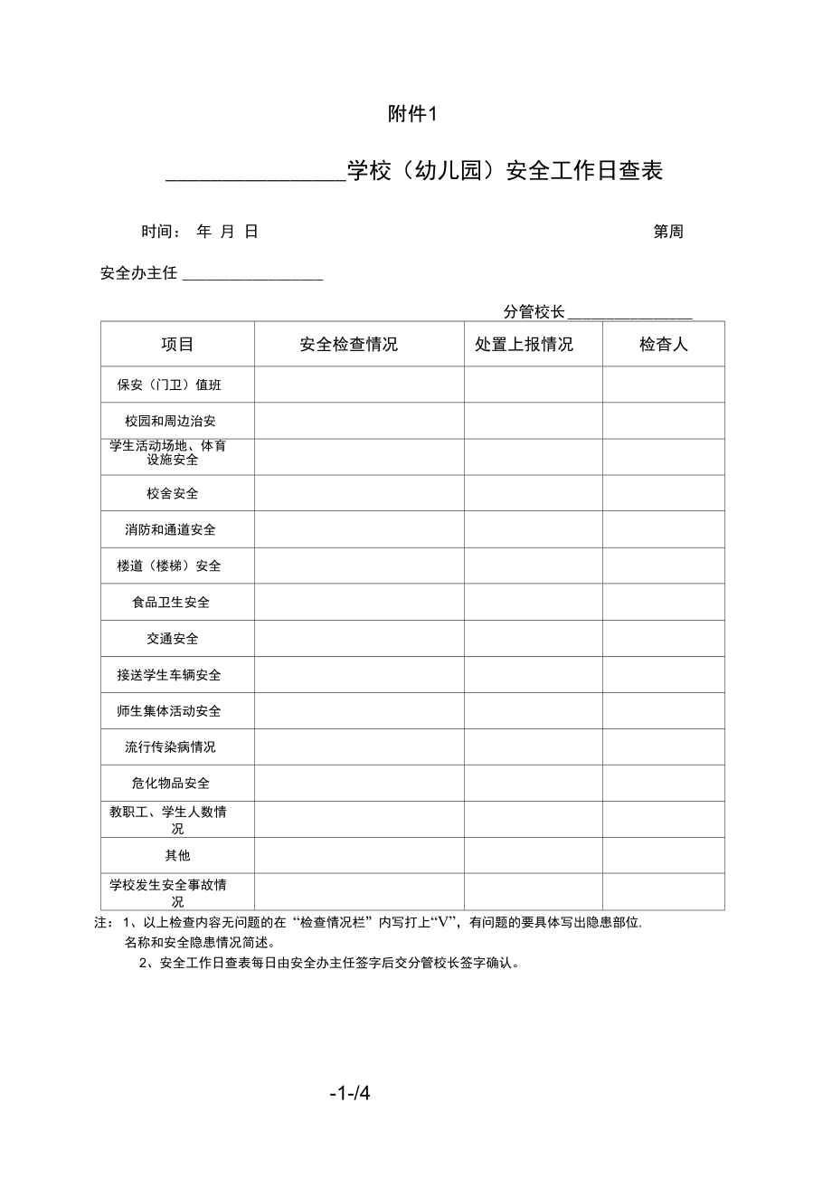 学校幼儿园安全工作日查表周结表月报表.doc_第1页