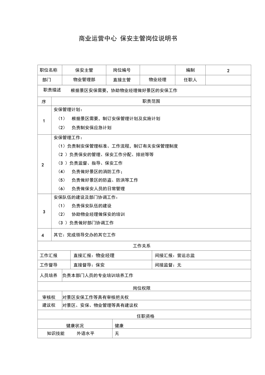 商业运营中心保安主管岗位说明书.doc_第1页