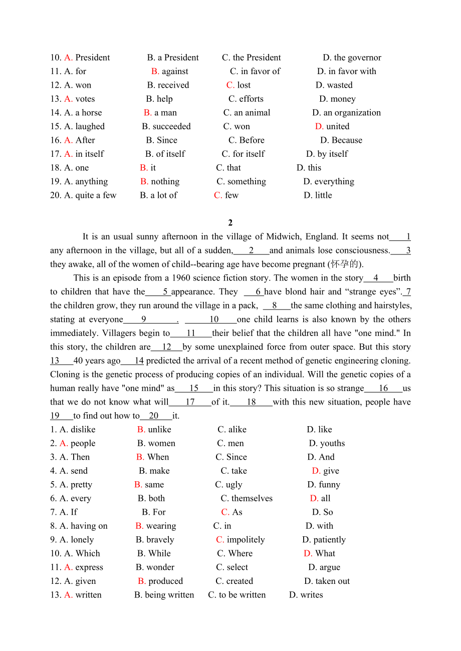 高中英语阅读能力培养之--完型填空专项练习及答案.doc_第2页