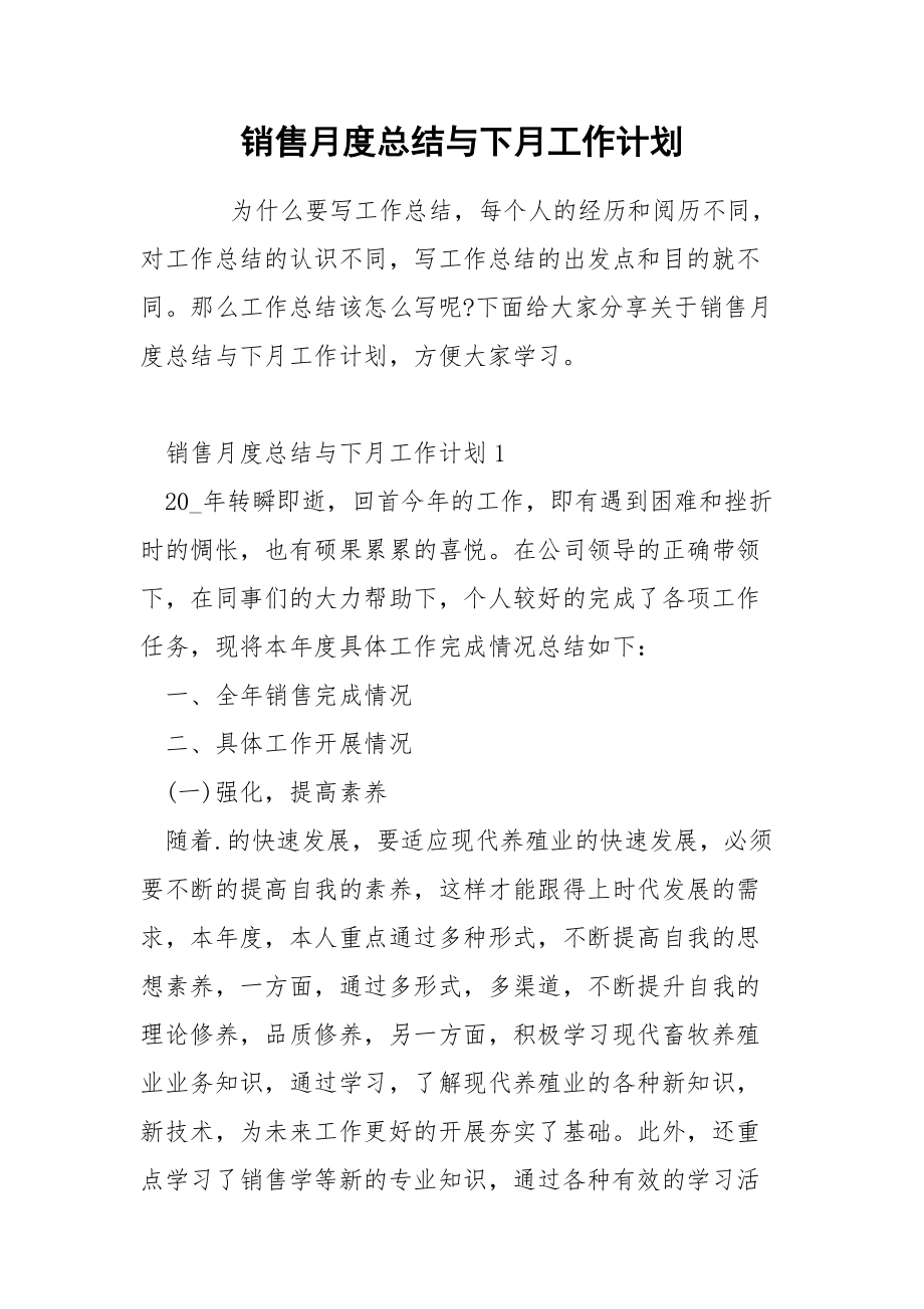 销售月度总结与下月工作计划.docx_第1页