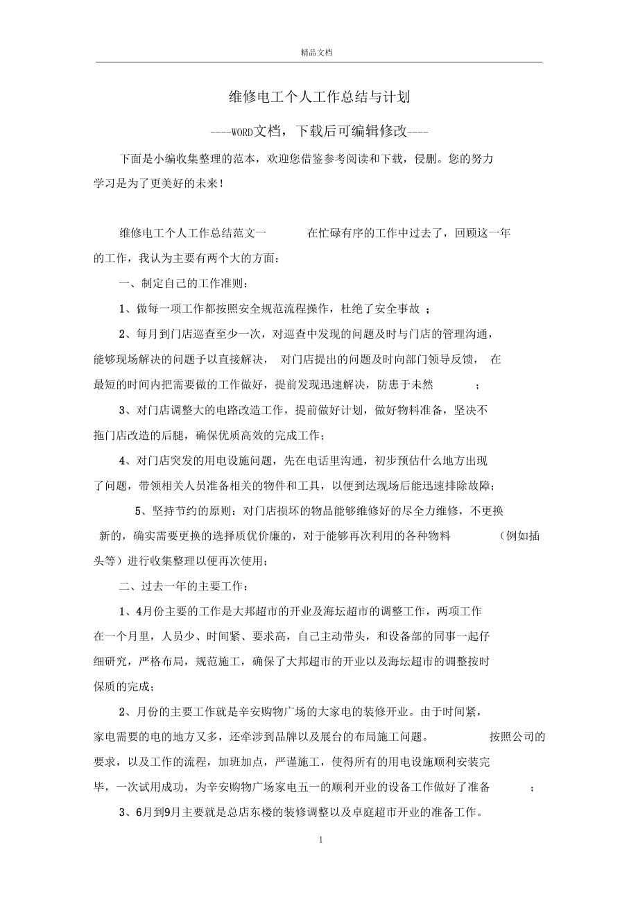 维修电工个人工作总结与计划.docx_第1页