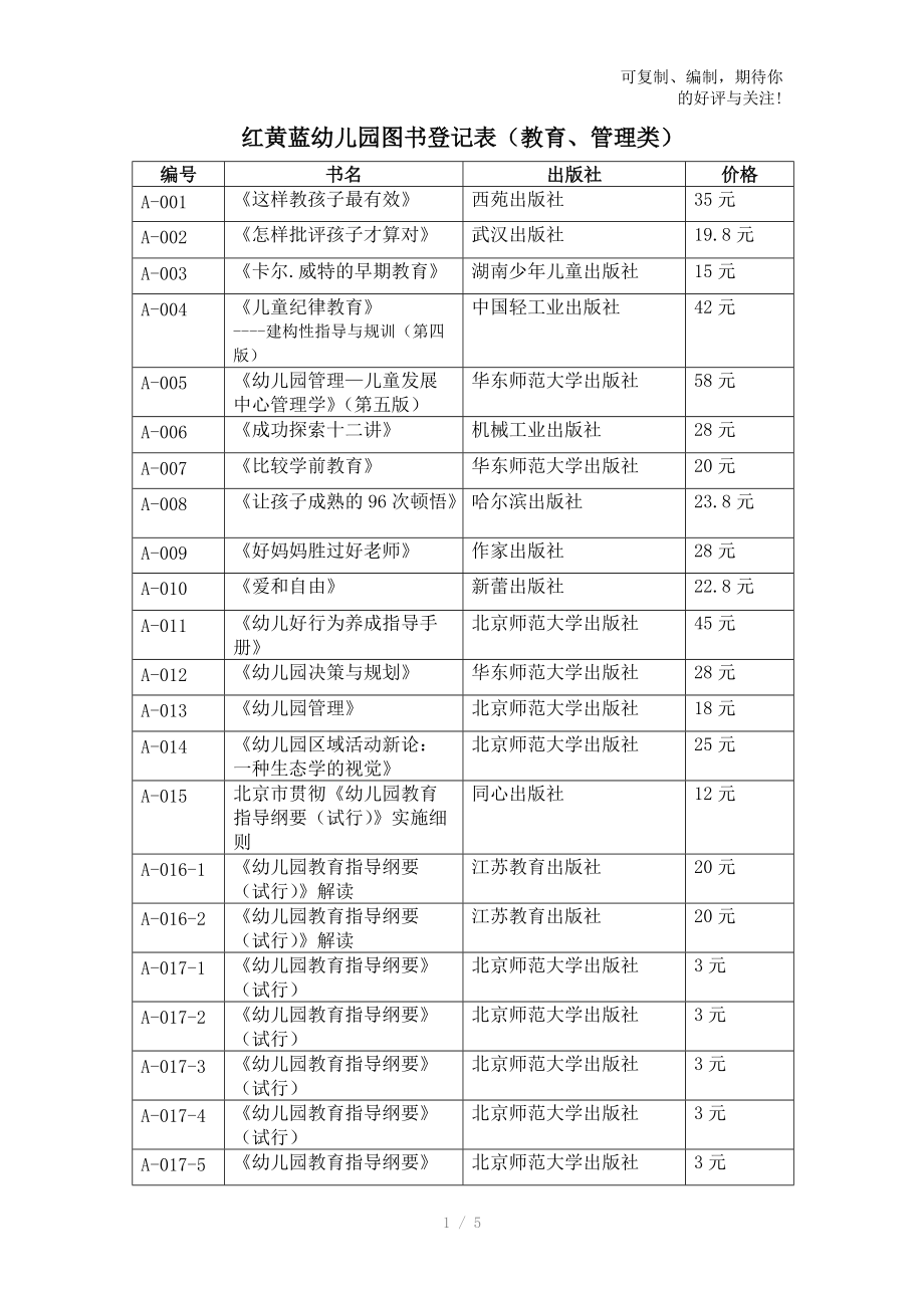 红黄蓝幼儿园图书登记表.doc_第1页