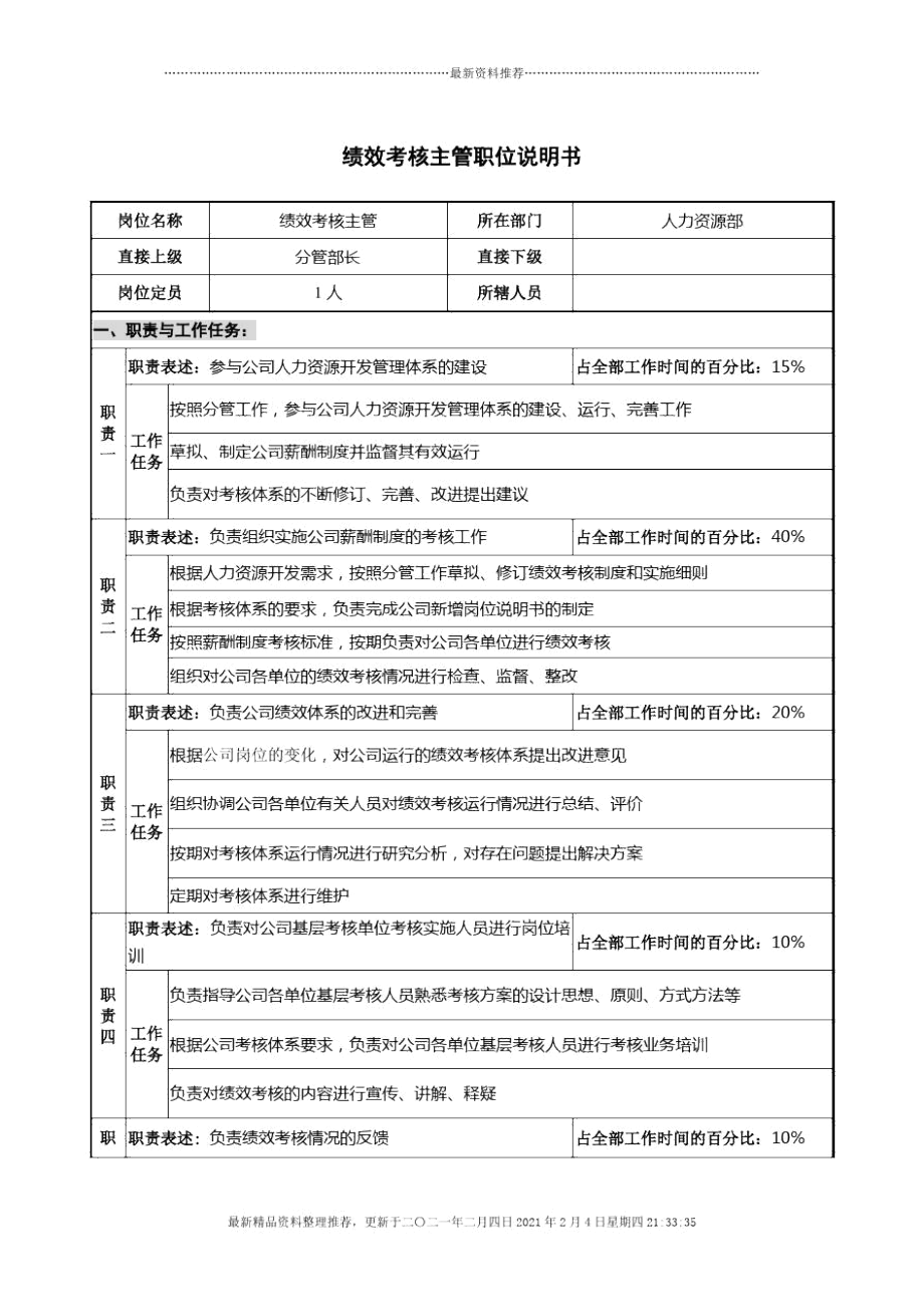 仪器生产企业绩效考核主管职位说明书书.docx_第1页