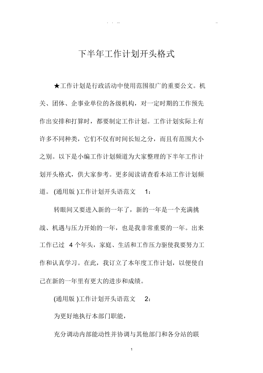 下半年精品工作计划开头格式.docx_第1页