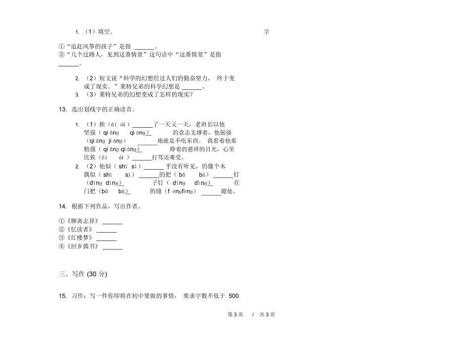 摸底混合小学语文小升初模拟试卷III卷.docx_第3页