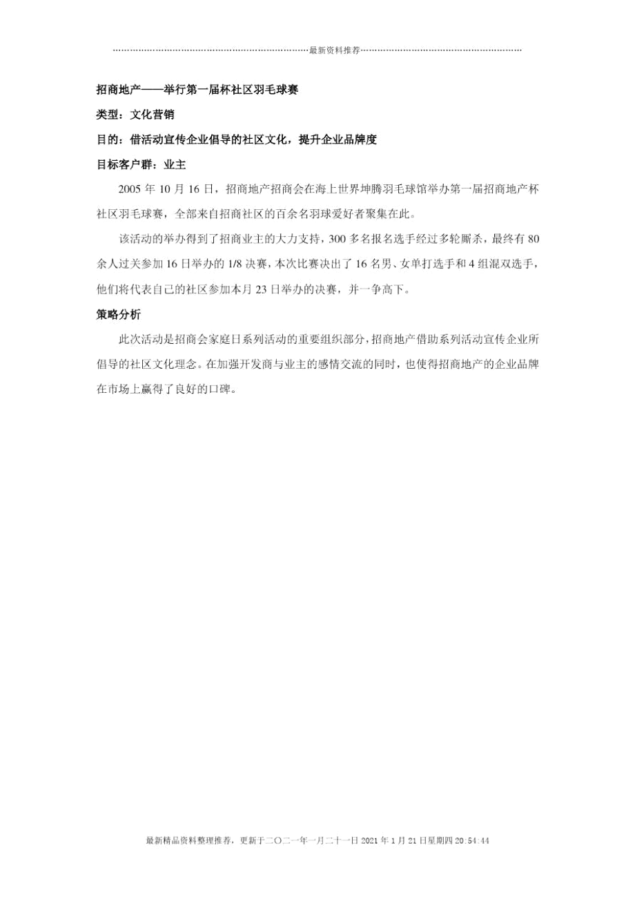 招商地产：举行第一届杯社区羽毛球赛.docx_第1页