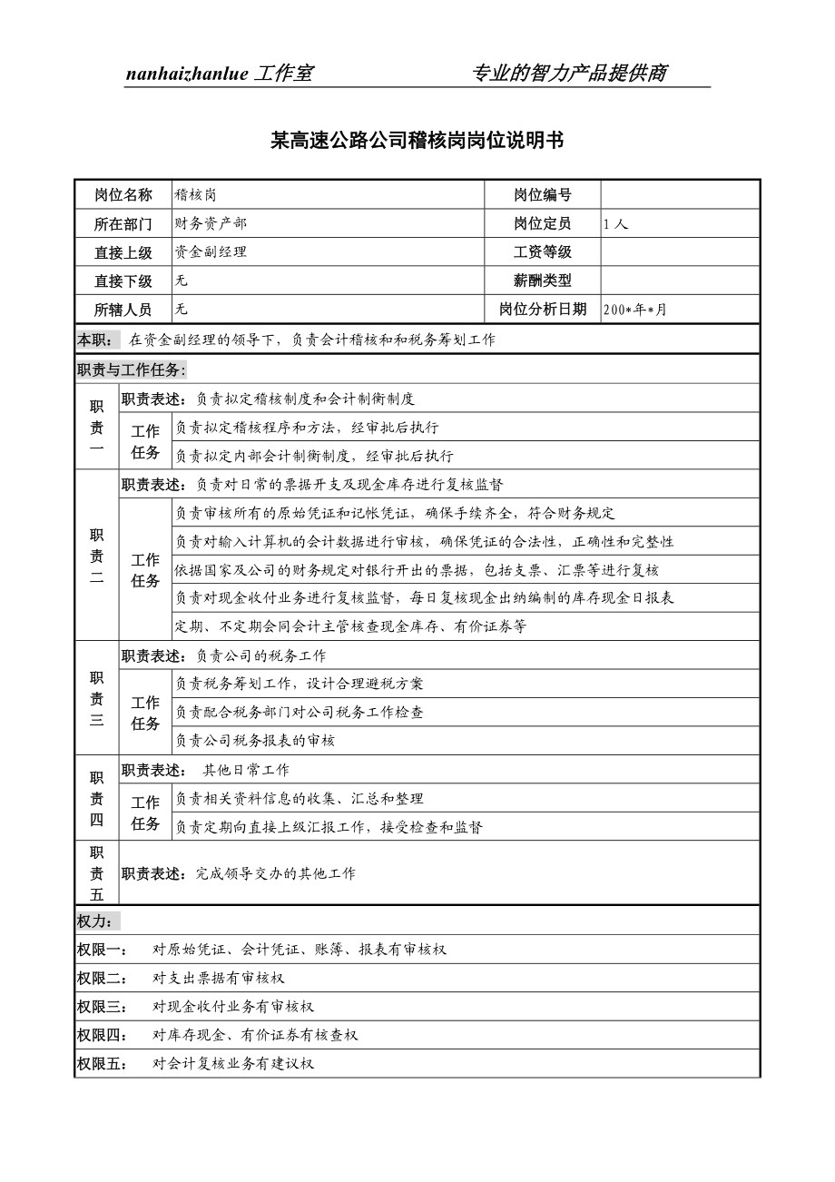 某高速公路公司稽核岗岗位说明书.docx_第1页