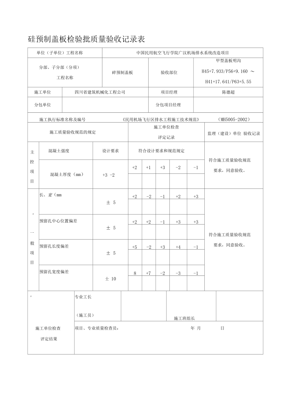 预制盖板检验批质量验收记录表.docx_第1页