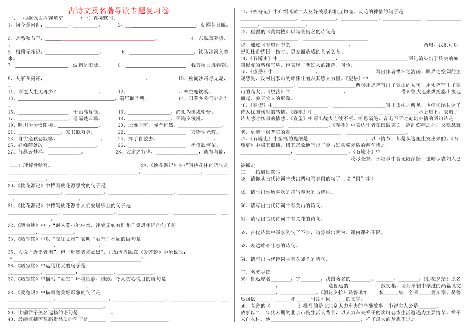 八年级语文上册 古诗文及名著导读专题复习 人教新课标版.doc_第1页