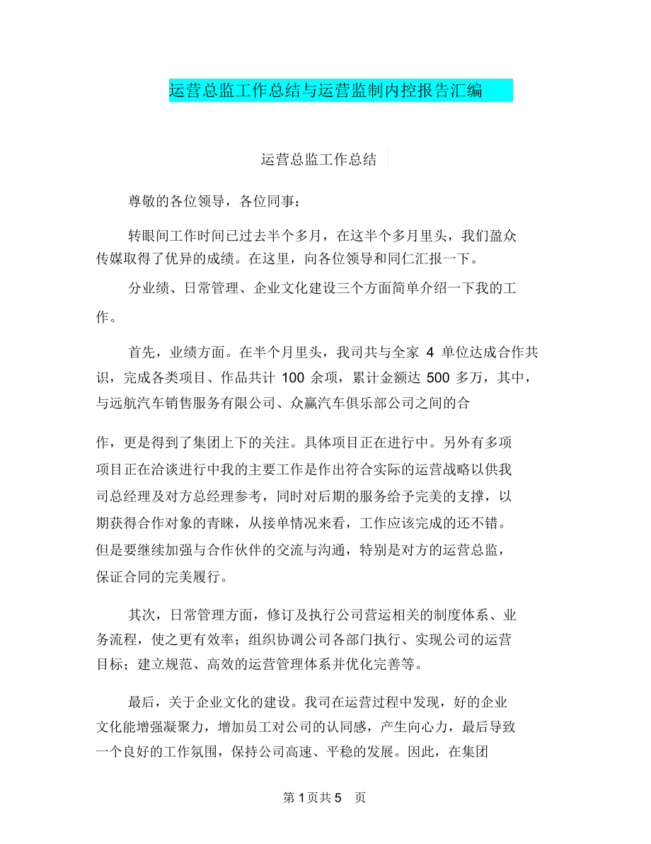 运营总监工作总结与运营监制内控报告汇编.docx_第1页