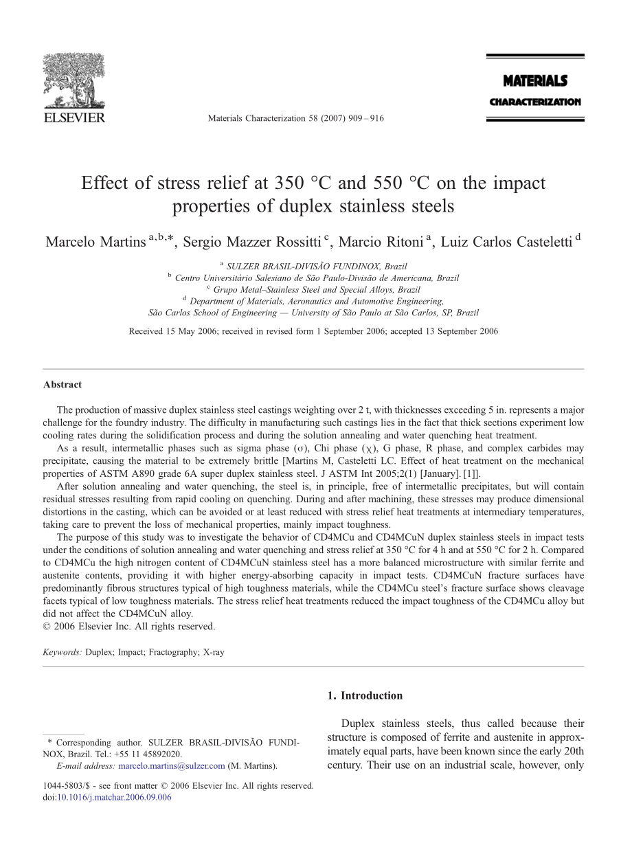 effect of stress relief at 350 °c and 550 °c on the impact properties of duplex stainless steels：350°c和550°c的应力消除对双相不锈钢冲击性能的影响.pdf_第1页