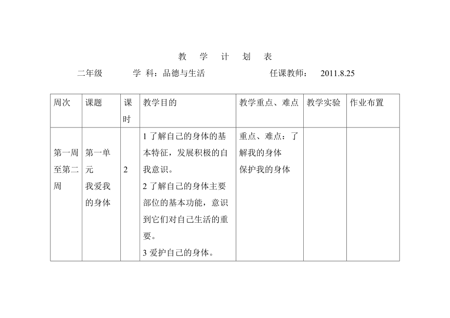 二年品生上计划.doc_第1页