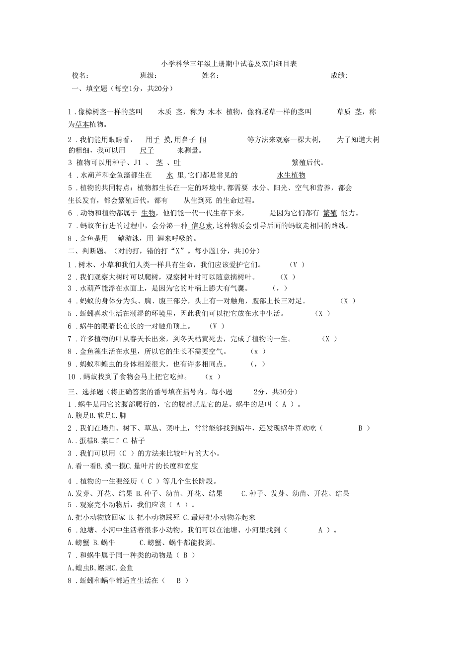 三年级科学上册期中试卷及双向细目表.docx_第1页