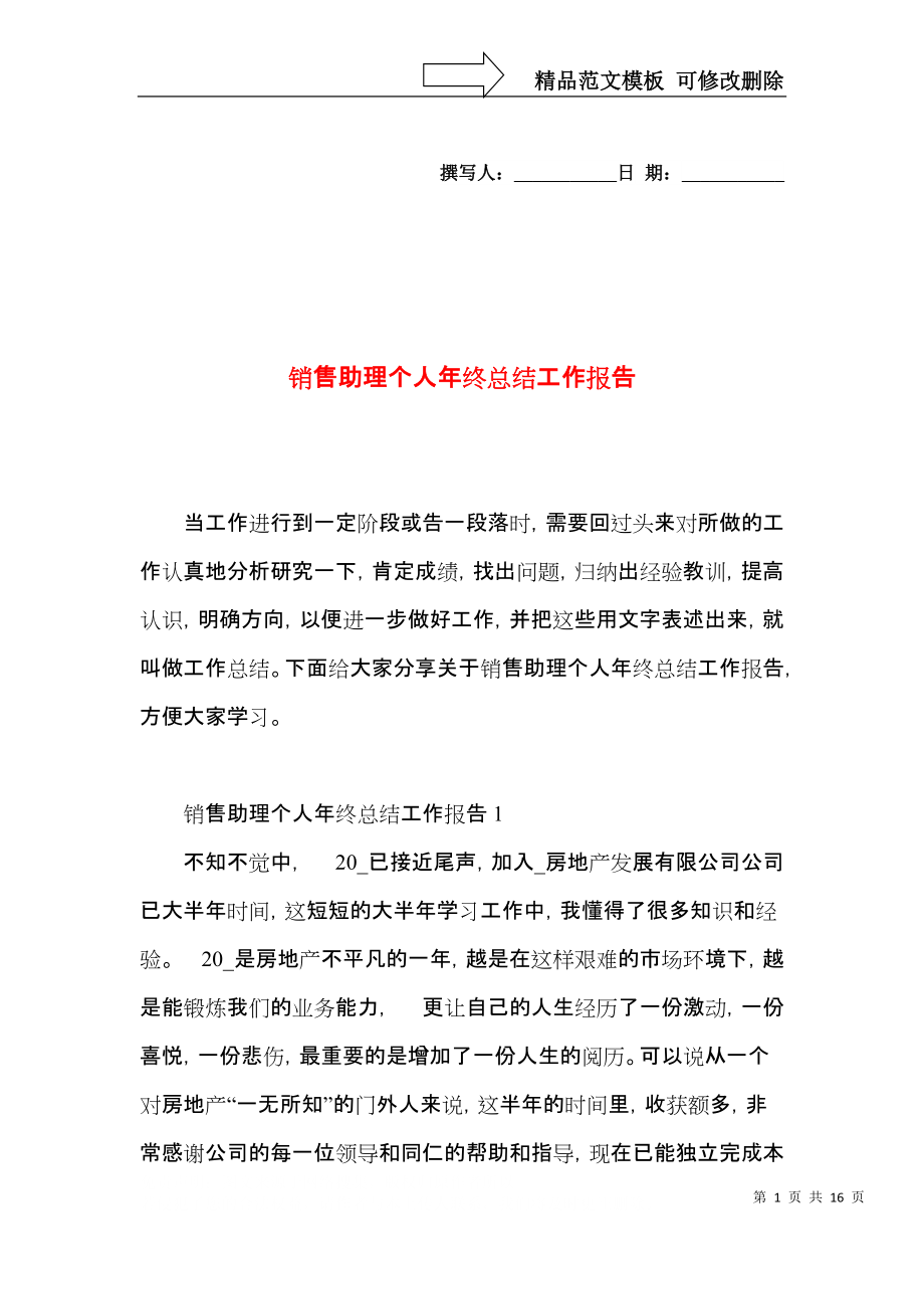 销售助理个人年终总结工作报告.docx_第1页