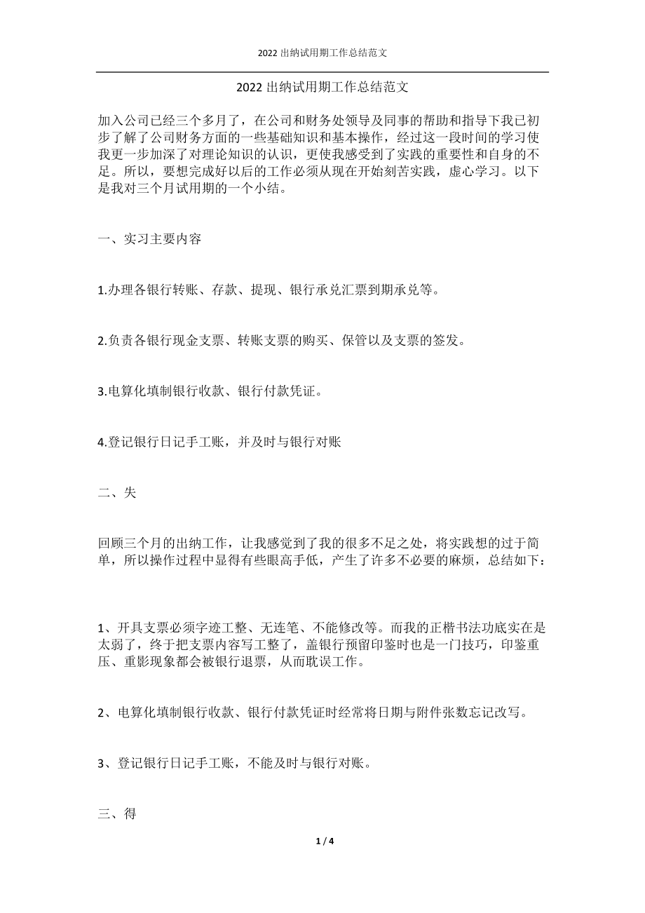 2022出纳试用期工作总结范文.docx_第1页