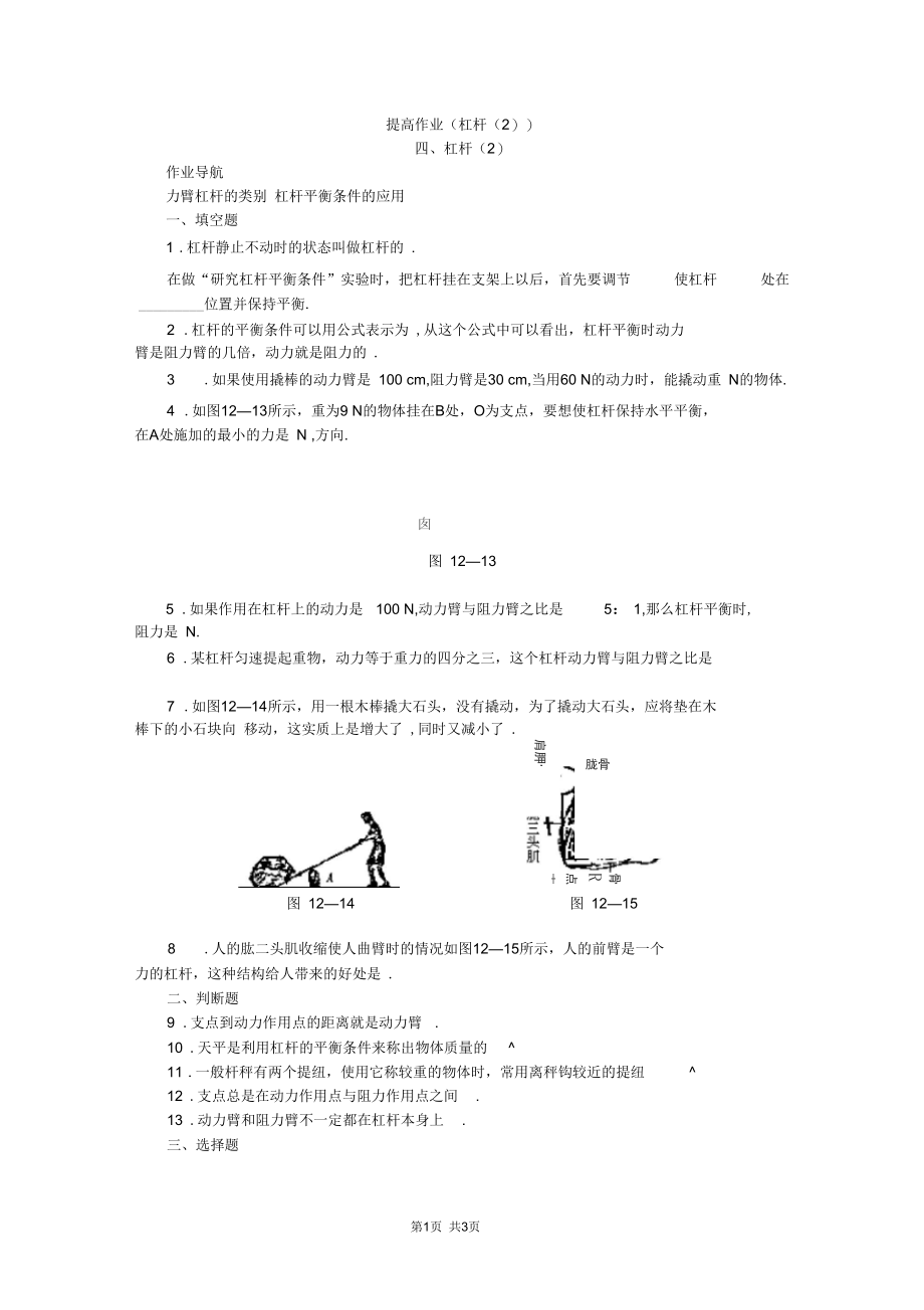 初中物理提高作业(杠杆(二)).docx_第1页