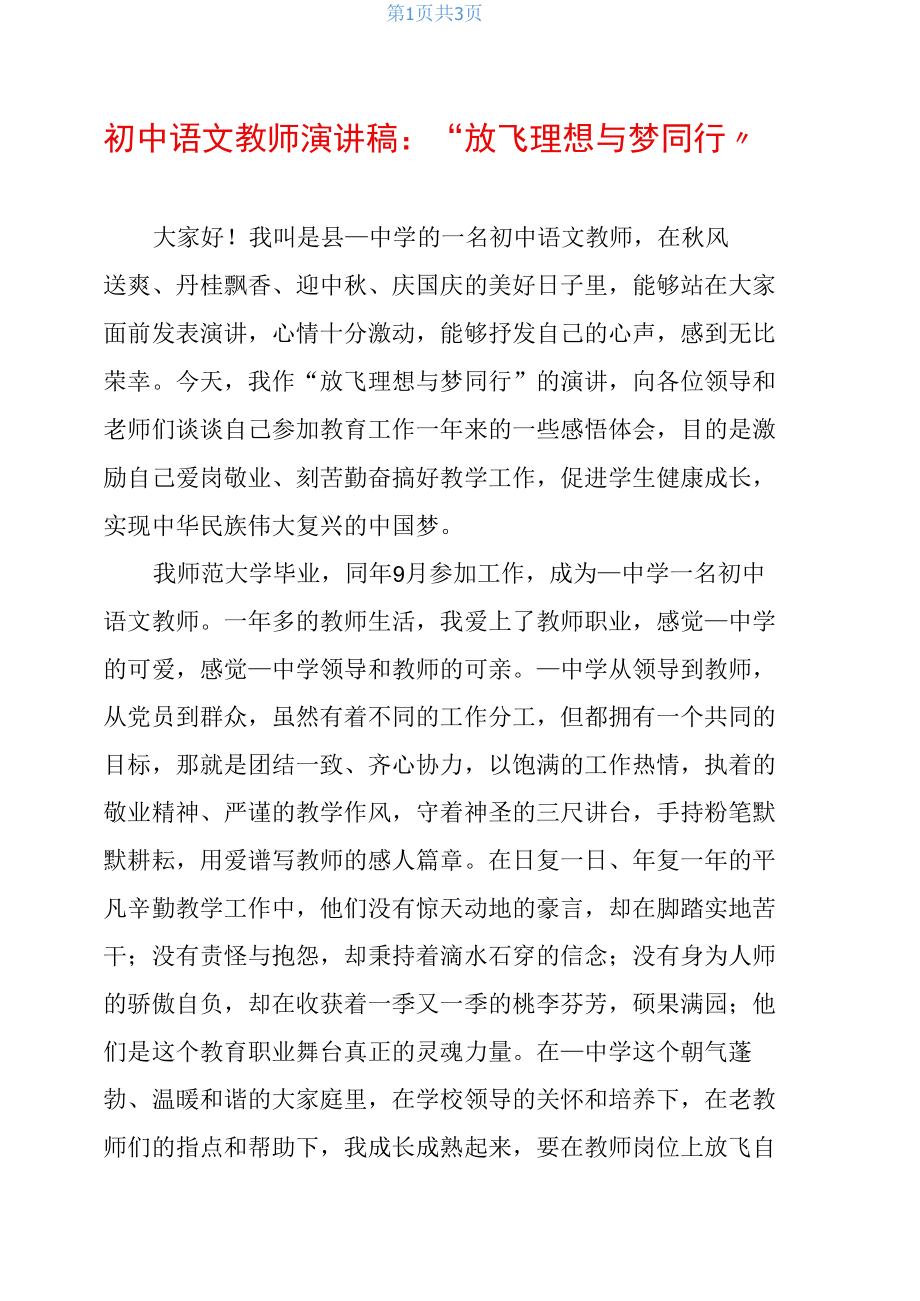 初中语文教师演讲稿：“放飞理想与梦同行”.docx_第1页