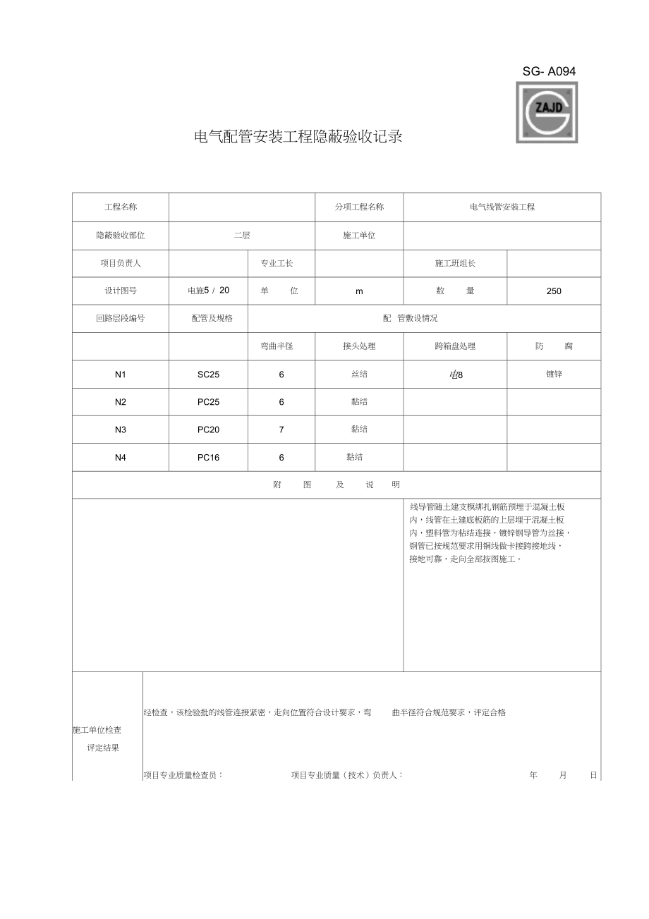 SG-A094电气配管安装工程隐蔽验收记录.docx_第1页