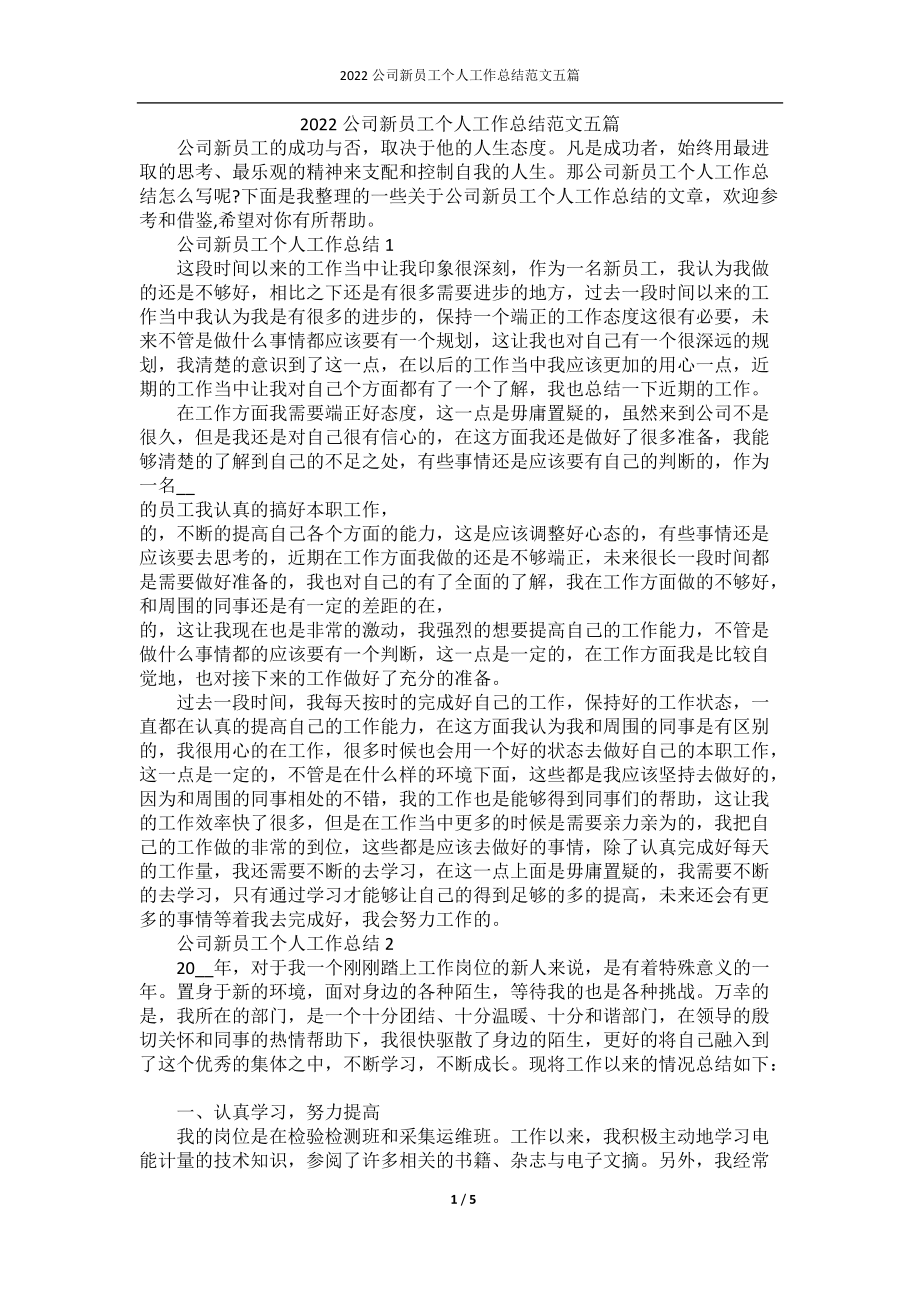 2022公司新员工个人工作总结范文五篇.docx_第1页