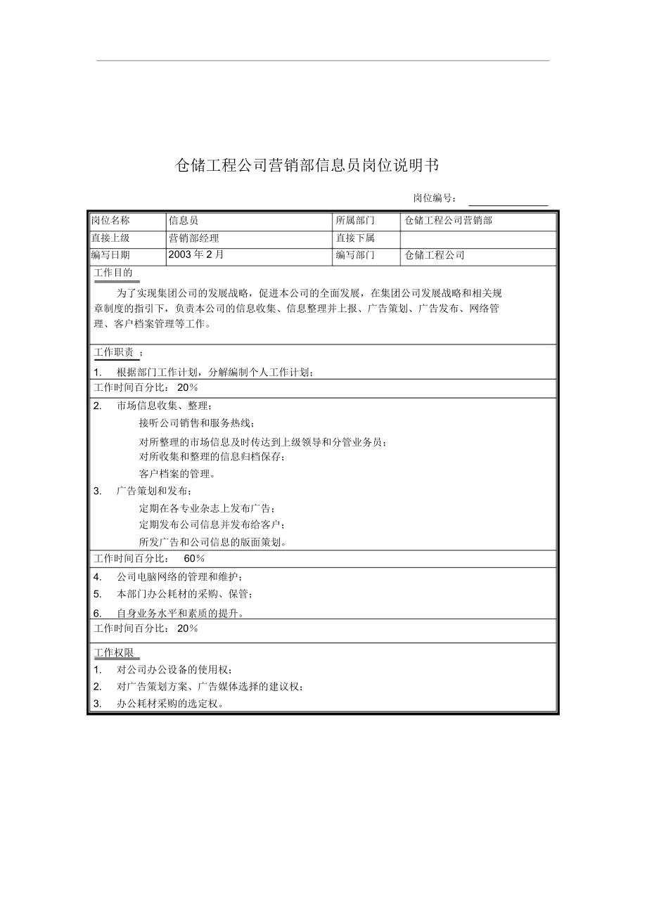 仓储工程公司营销部信息员岗位说明书(1页).docx_第1页