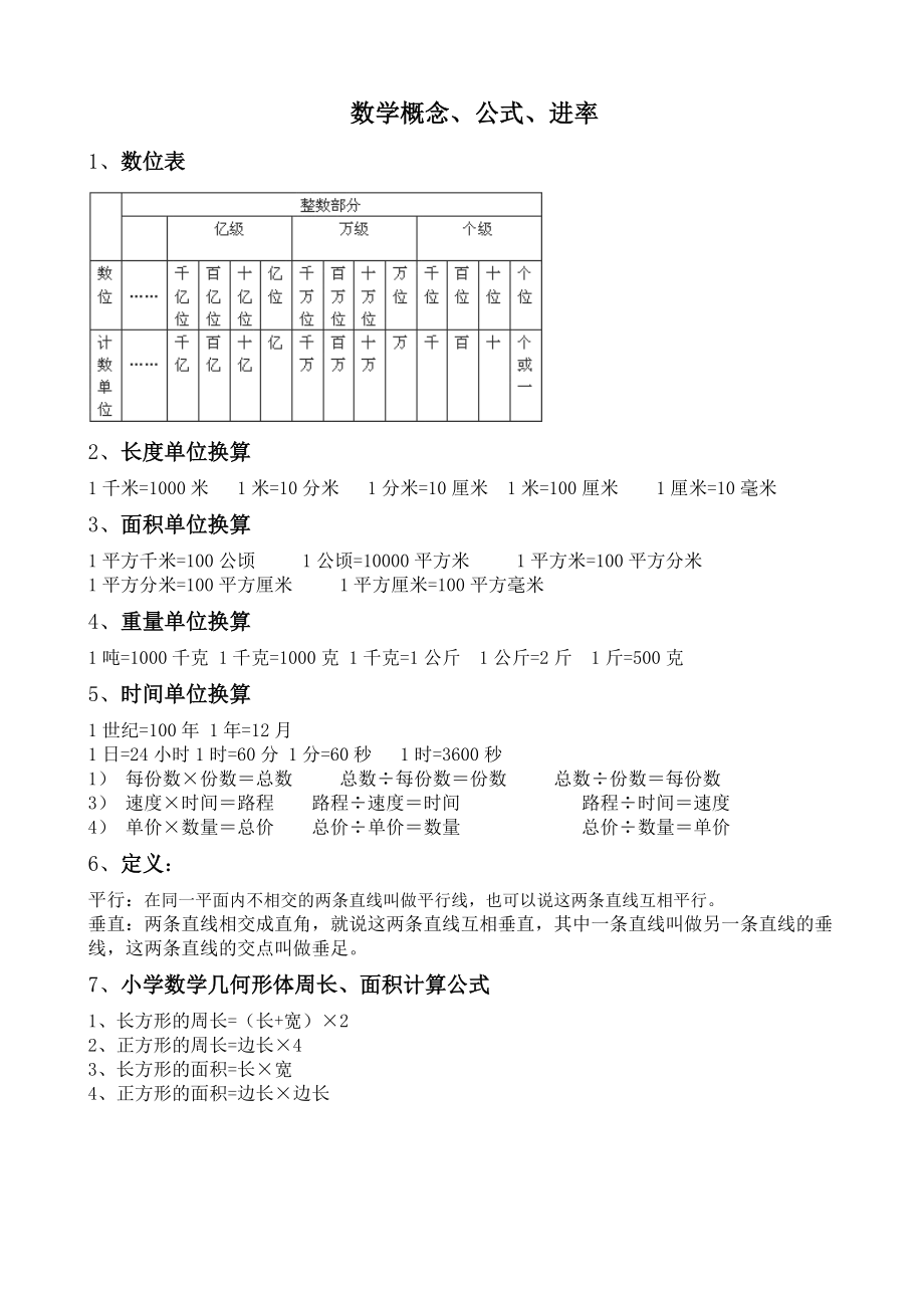 四年级数学概念、公式、进率等13141.doc_第1页