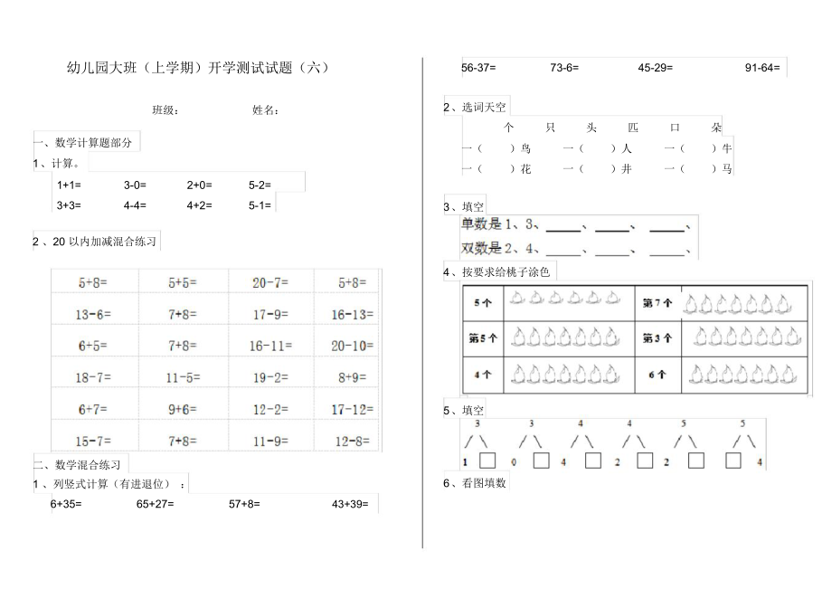 幼儿园大班(上学期)开学测试试题(六).docx_第1页