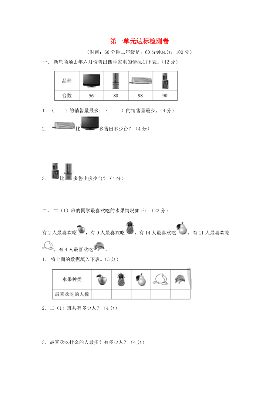 二年级数学下册 单元测试卷（无答案） 新人教版 试题.doc_第1页