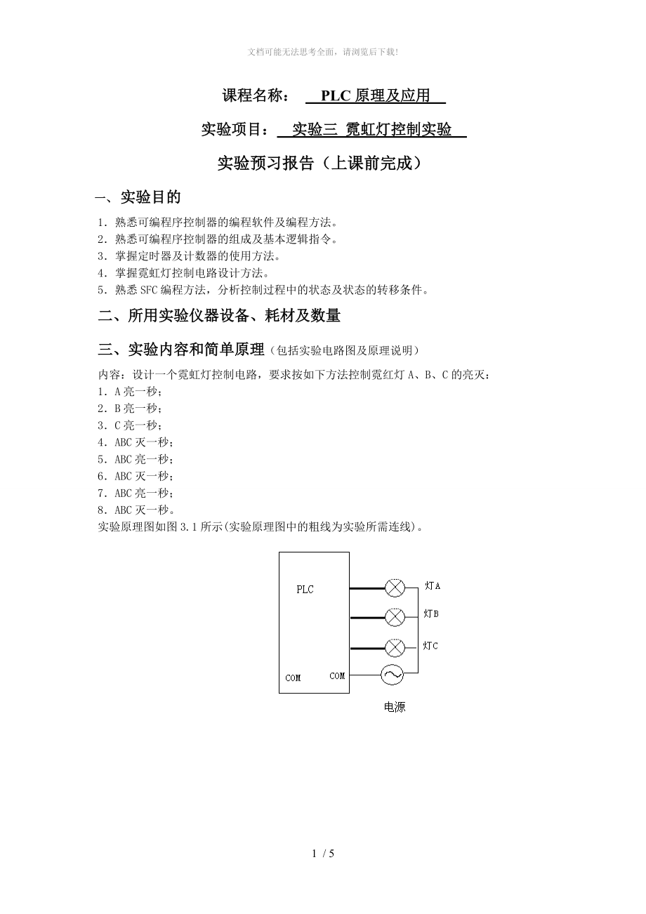 PLC实验三霓虹灯控制实验报告(程序梯形图)WORD.doc_第1页