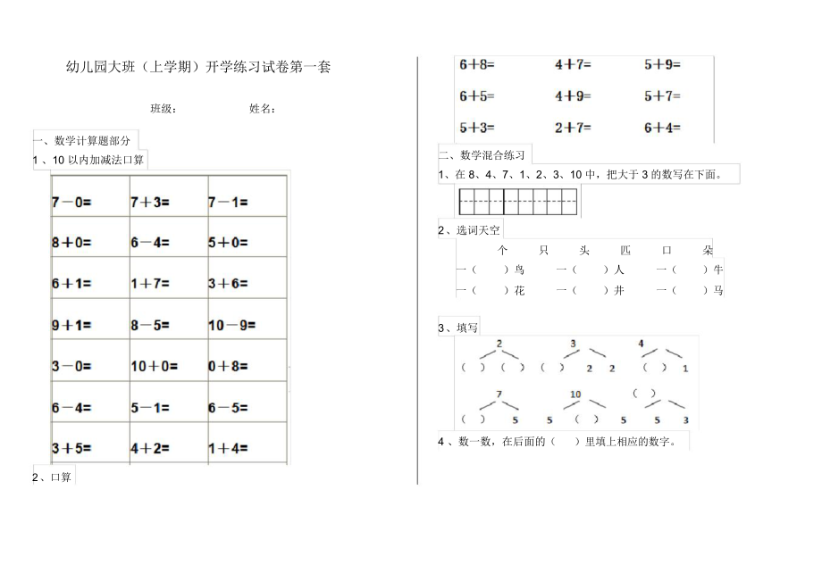 幼儿园大班(上学期)开学练习试卷第一套.docx_第1页