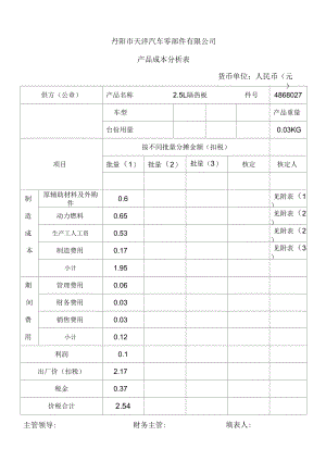 产品成本分析表2.5L隔热板.docx