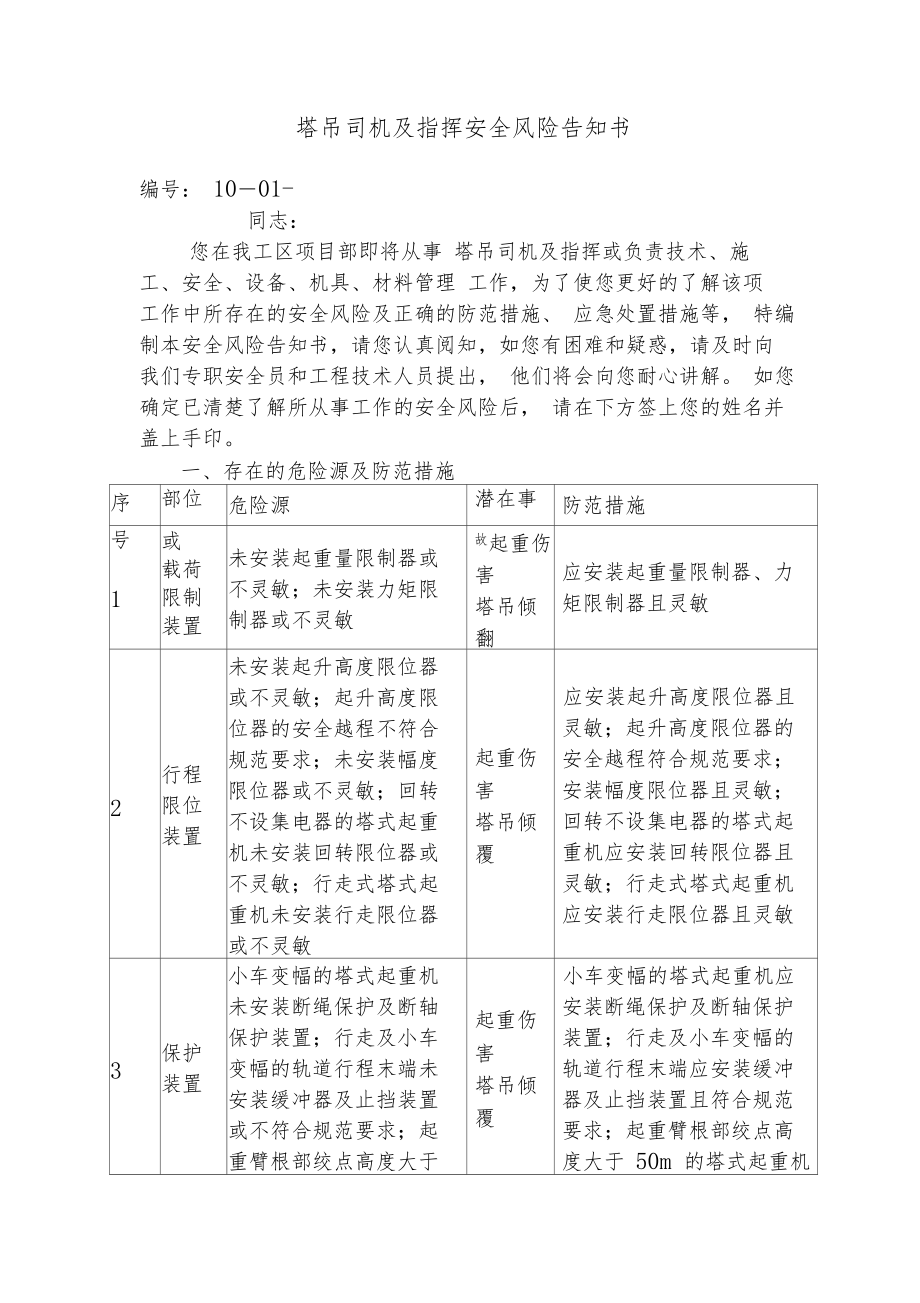 塔吊及指挥安全风险告知书(2).docx_第1页