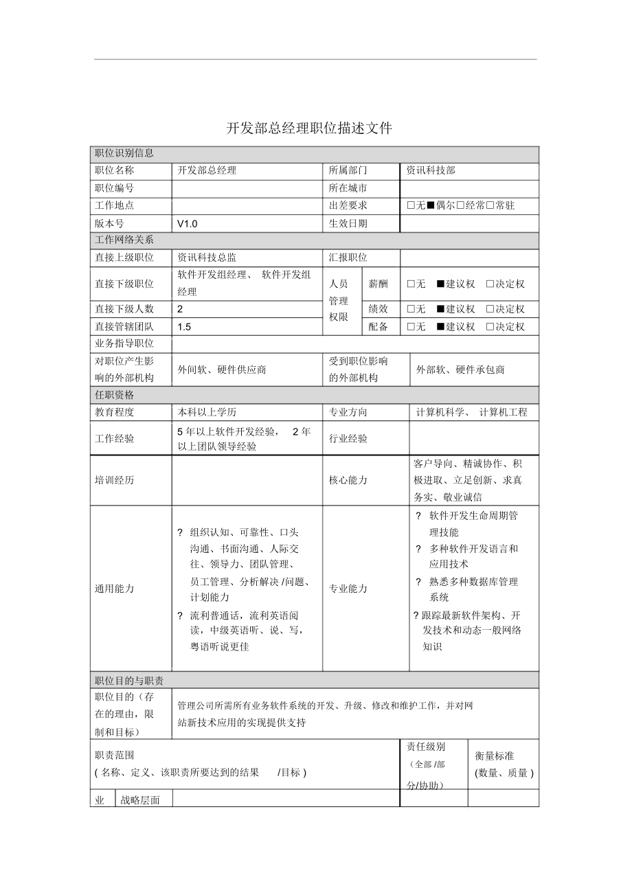 开发部总经理岗位职务说明(2页).docx_第1页