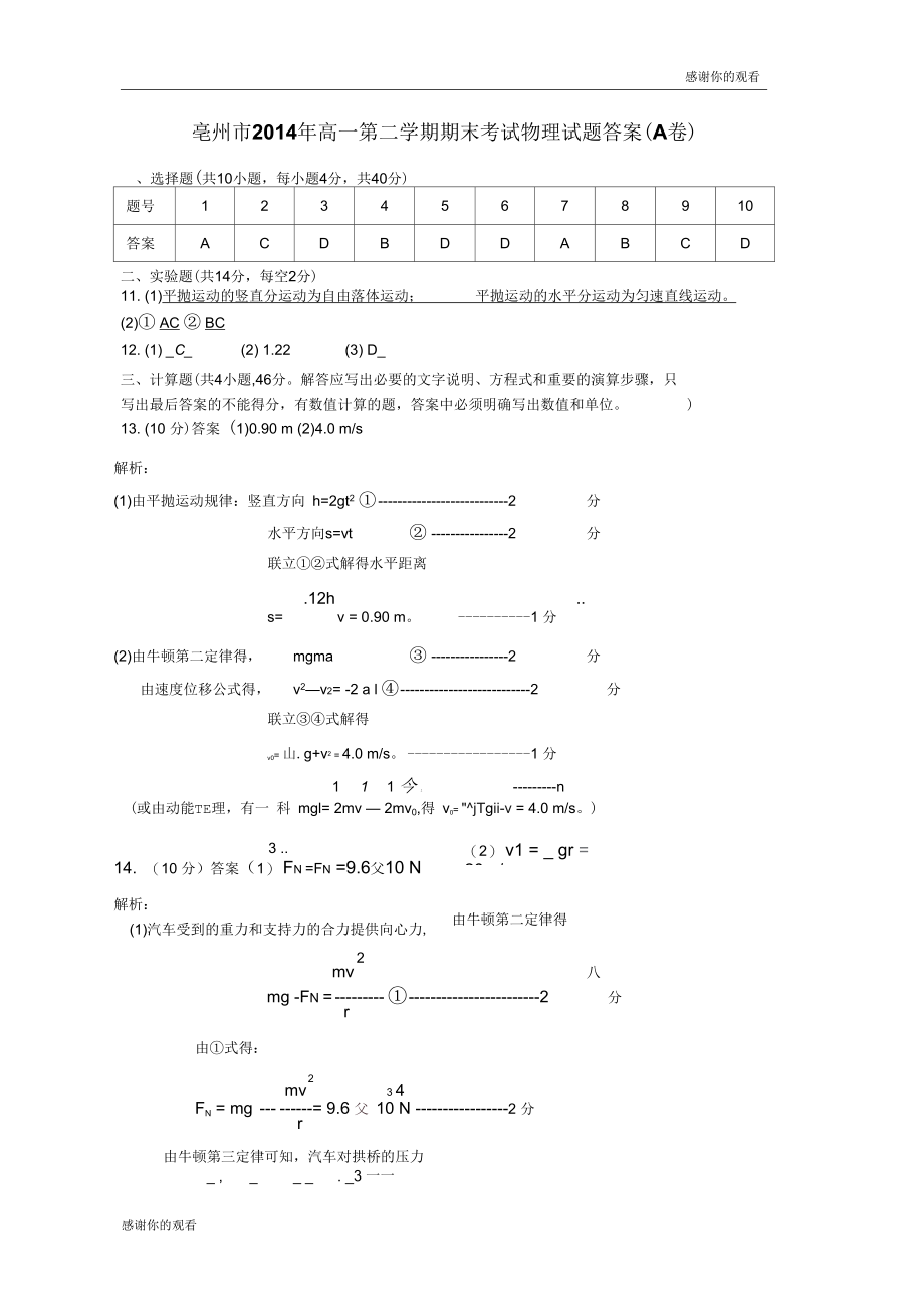 亳州市2014年高一第二学期期末考试物理试题答案(A卷).docx_第1页